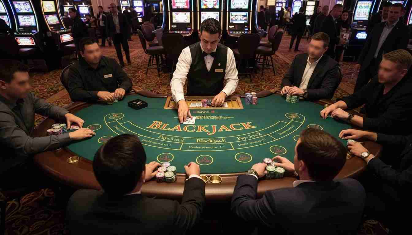 Blackjack dealer dealing cards to a full table of players in a casino.