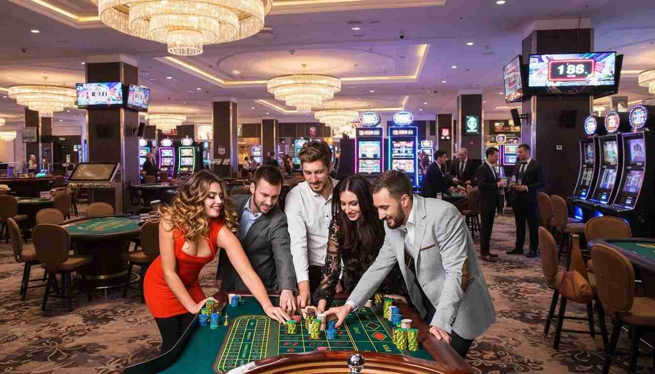 Group of players placing bets together at a roulette table in a casino.