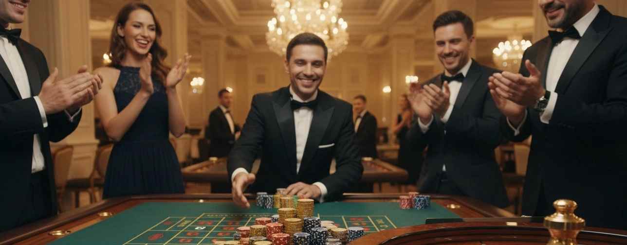 Players celebrating a winning moment at a roulette table in a casino