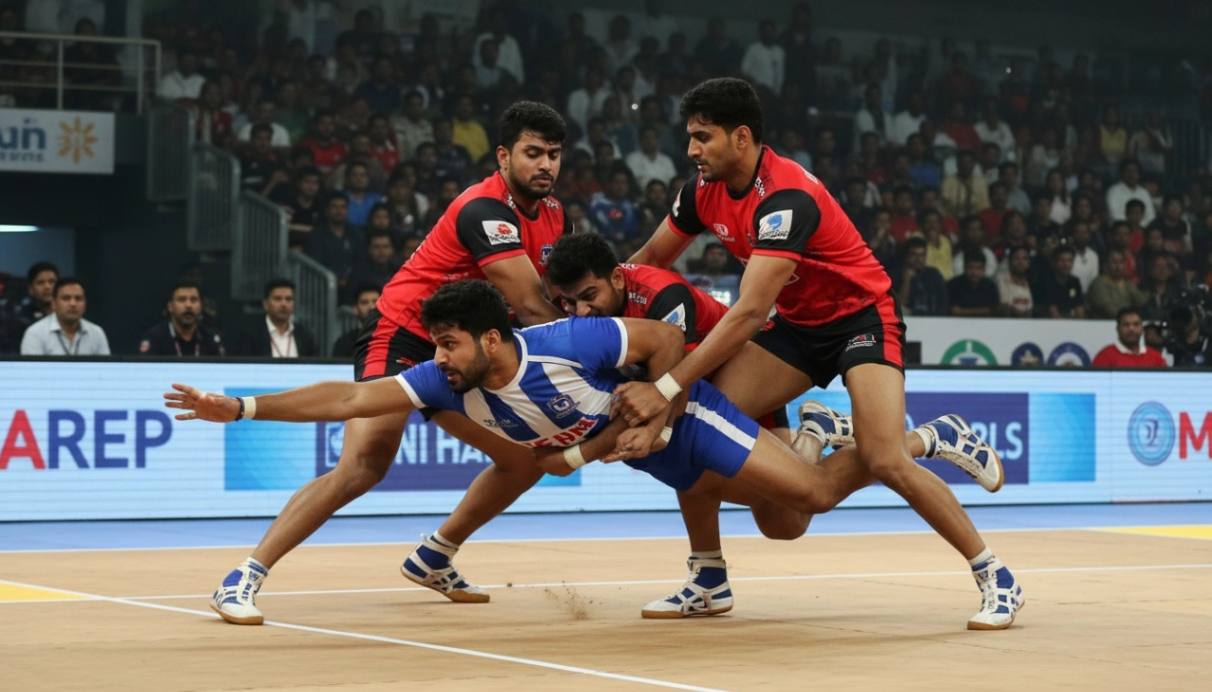 players defend in a kabaddi match
