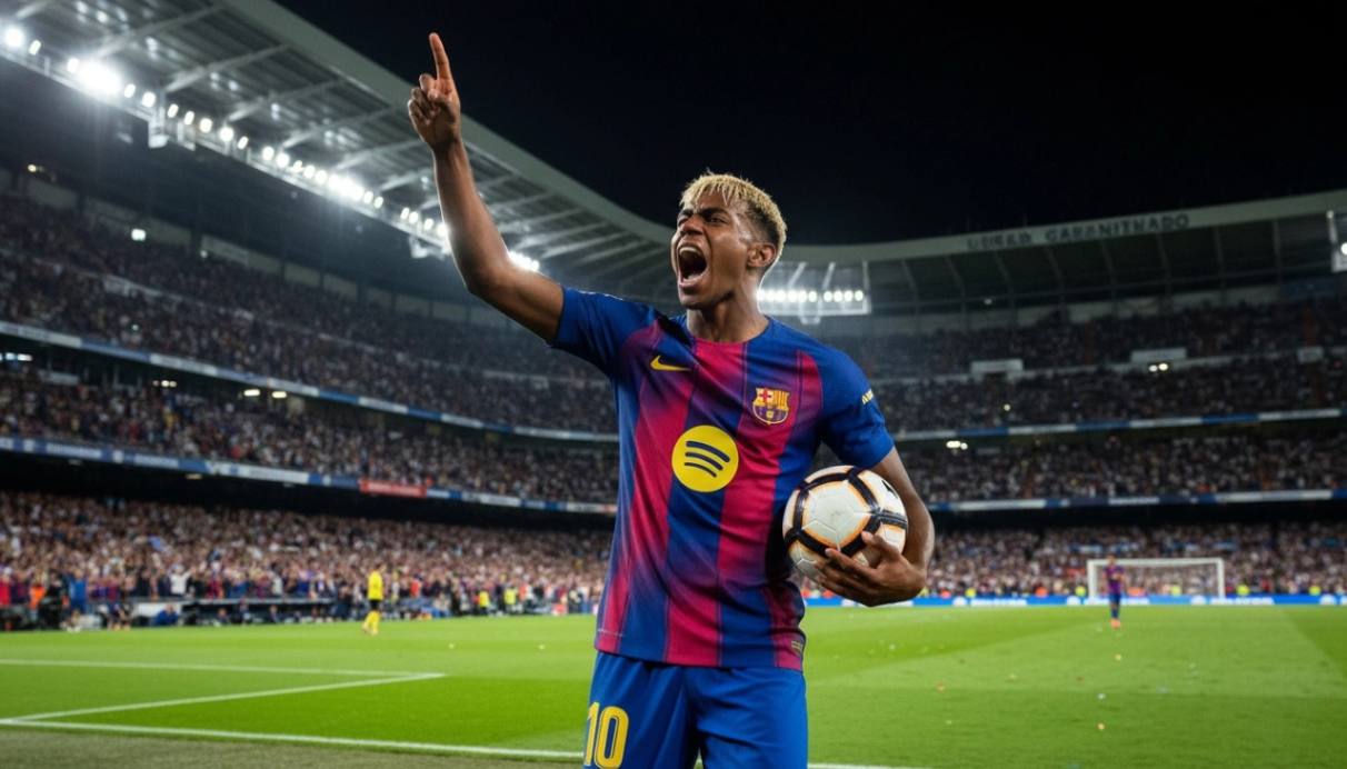 Lamine Yamal celebrates scoring a goal